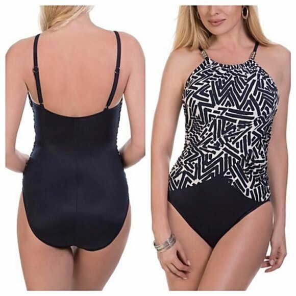 Magicsuit Tiki Lisa One Piece Tummy Control Swimsuit Bathing Suit Navy Blue Sz 8 - Picture 1 of 16